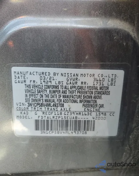 2021 Nissan Kicks S z USA, uszkodzony, nr VIN 3N1CP5BV4ML493708